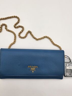 PRADA Milano Diano Vitello Blue Saffiano Leather Wallet On Chain. Auth w/COA.